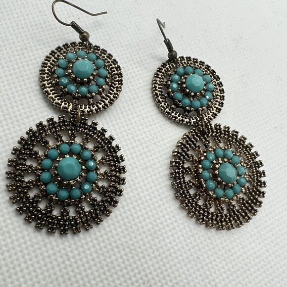 Antique Gold Tone Sunburst Dangle Earrings Faux Turquoise Stones Statement - Picture 1 of 4